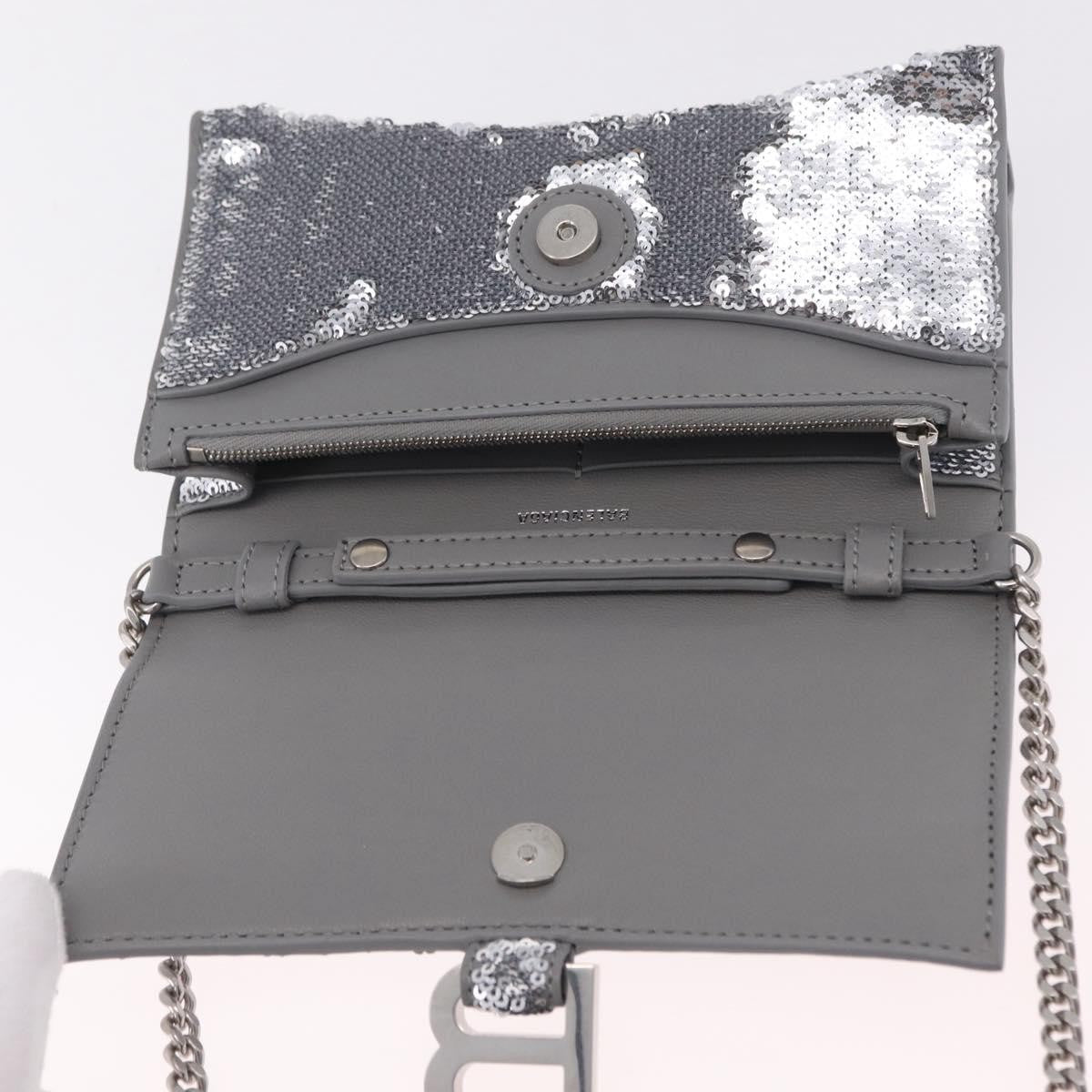 Balenciaga Hourglass Chain Leather with Sequins, Silver, Leather, Crossbody Bag