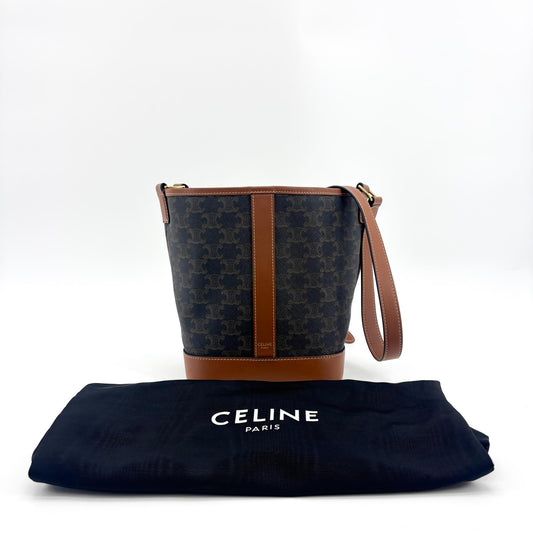 Celine Triomphe Bucket Embossed Suede, Black, Canvas, Handbag