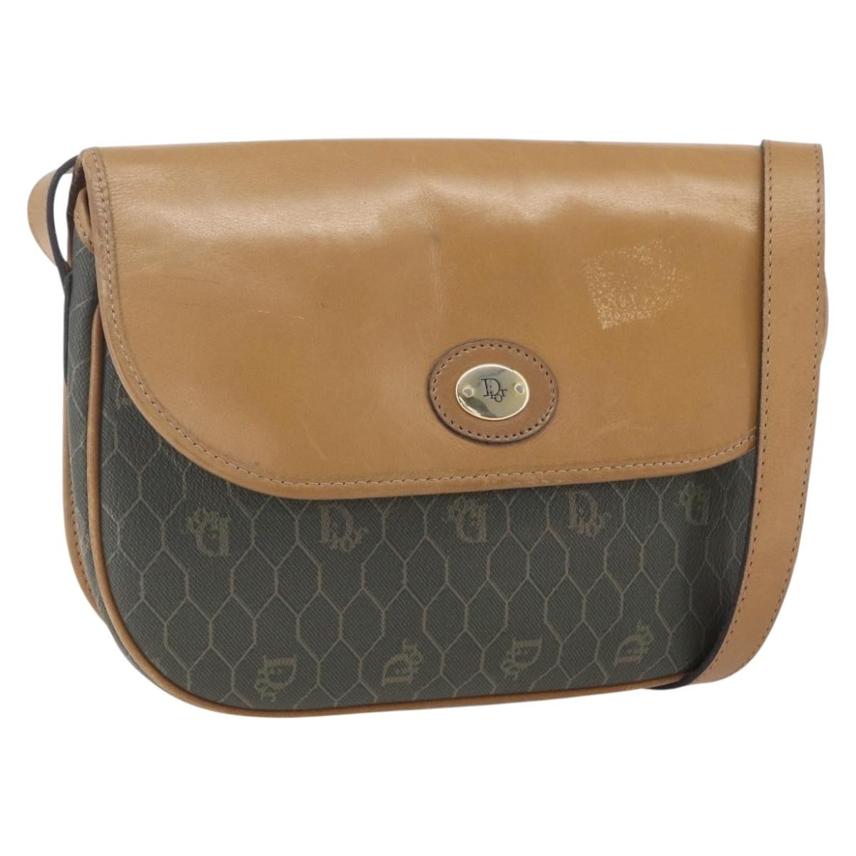 Christian Dior Vintage Honeycomb Flap Canvas and Leather, Khaki, Canvas, Shoulder Bag