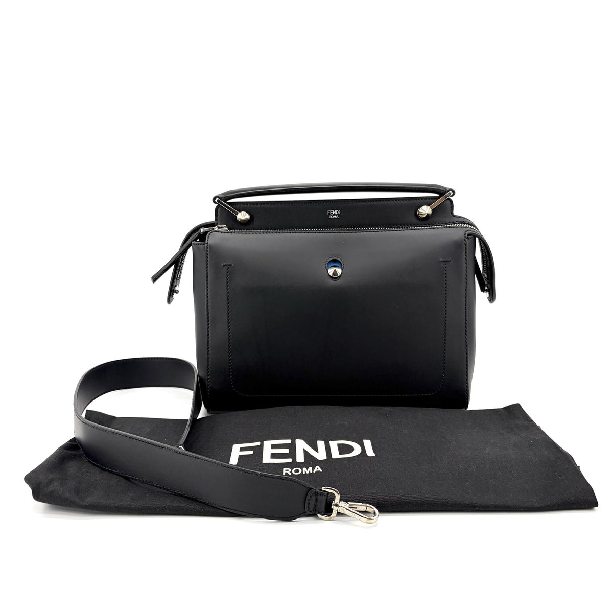 Fendi DotCom Convertible Satchel Leather, Black, Calfskin, Handbag