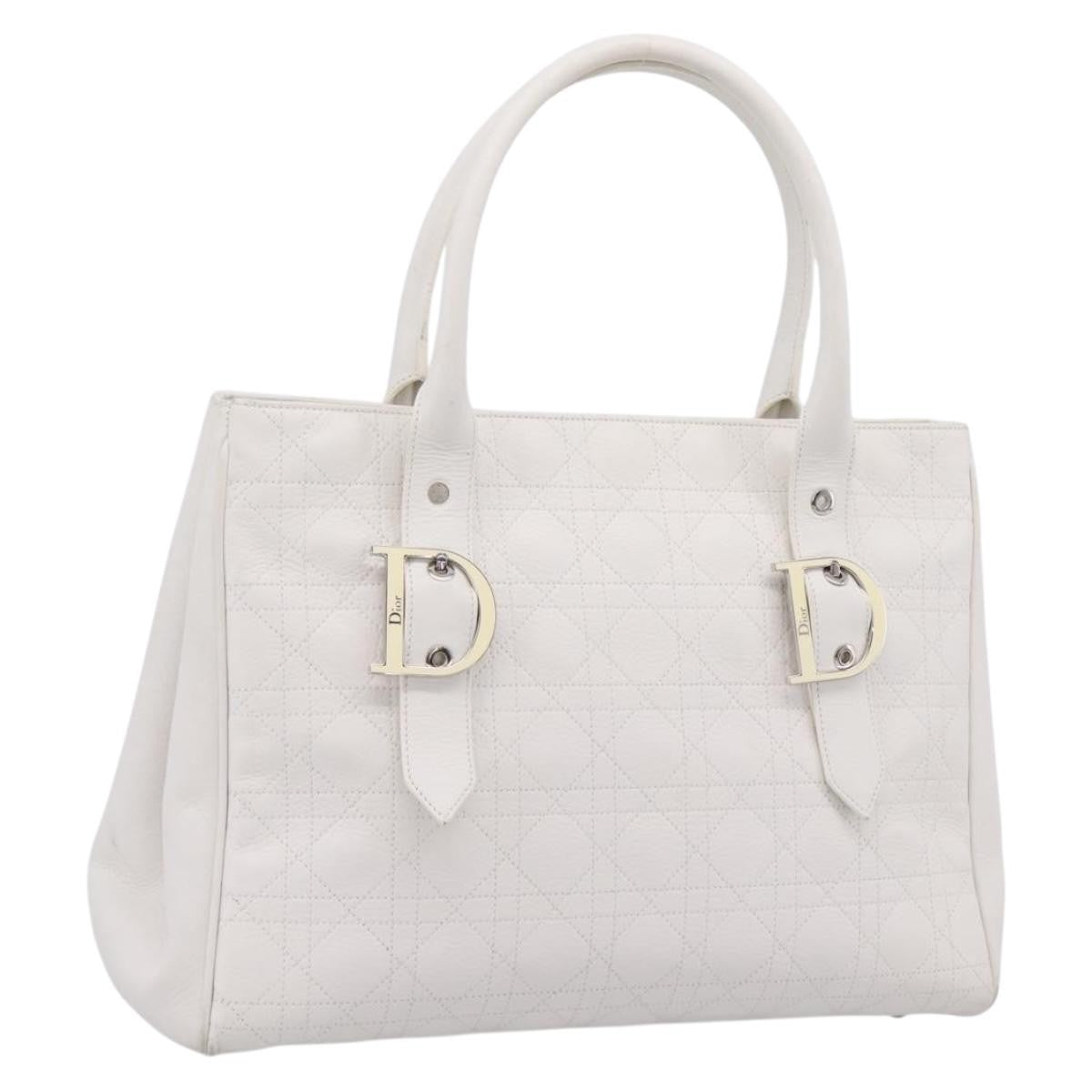 Christian Dior D Buckle Tote Cannage Stitch Leather, White, Leather, Tote Bag