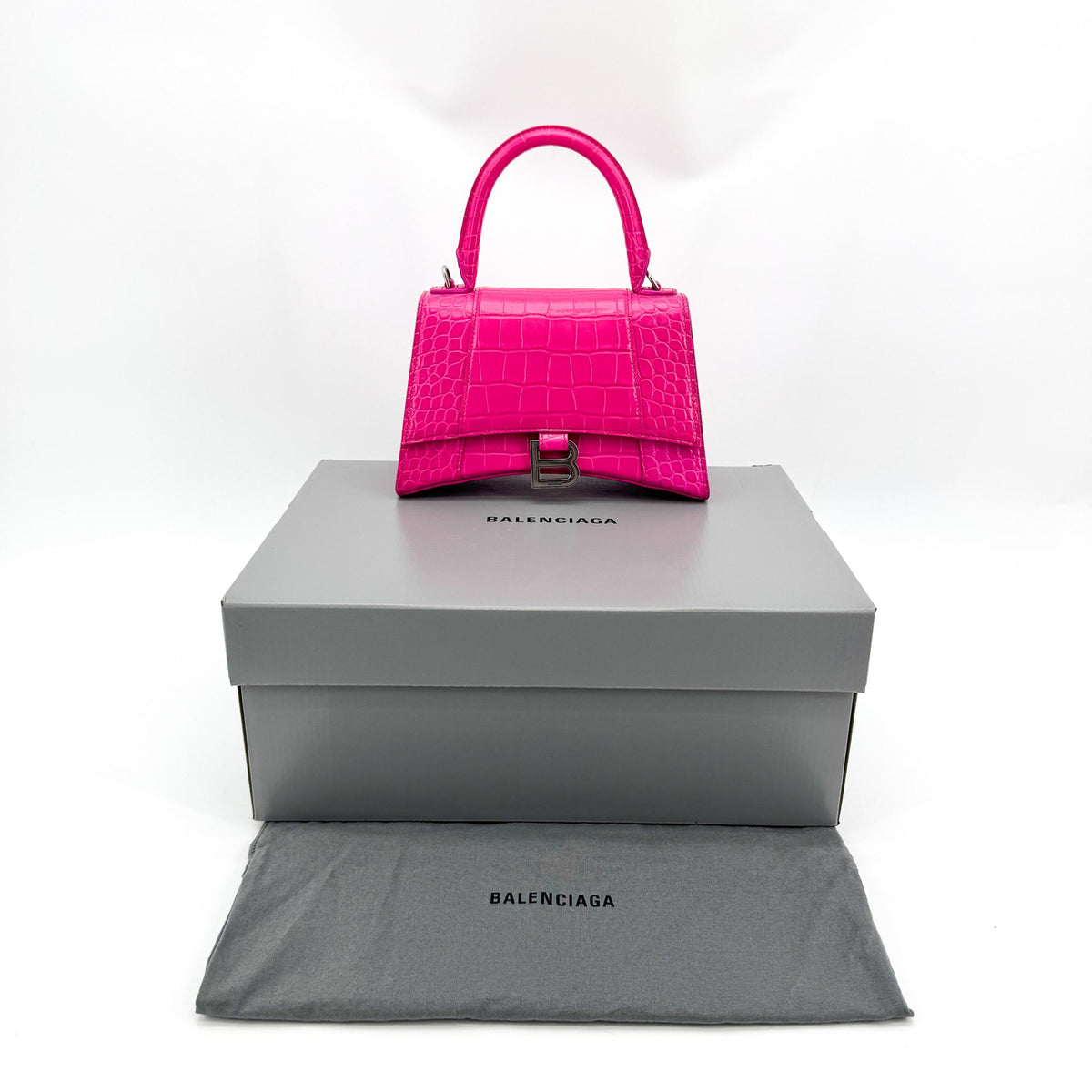 Balenciaga Hourglass Top Handle Crocodile Embossed Leather, Pink, Leather, Handbag