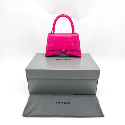 Balenciaga Hourglass Top Handle Crocodile Embossed Leather, Pink, Leather, Handbag