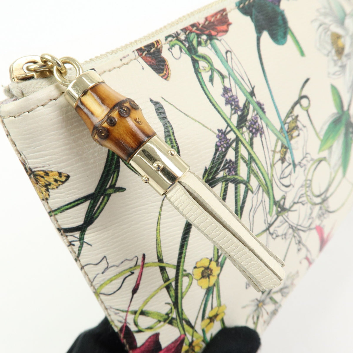 Gucci Bamboo Zip Pouch Flora Leather, Beige, Leather, Clutch