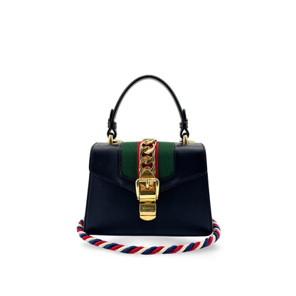 Gucci Sylvie Top Handle Leather, Black, Leather, Handbag