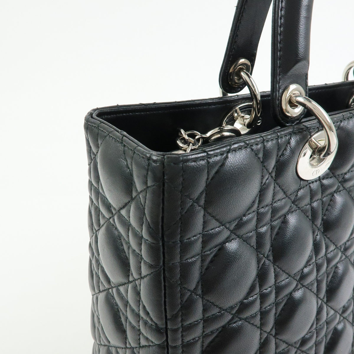 Christian Dior Lady Dior Cannage Quilt Lambskin, Black, Leather, Handbag