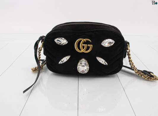 Gucci GG Marmont Flap Bag Crystal Embellished Matelasse Velvet, BLACK, VELVET, Shoulder bag