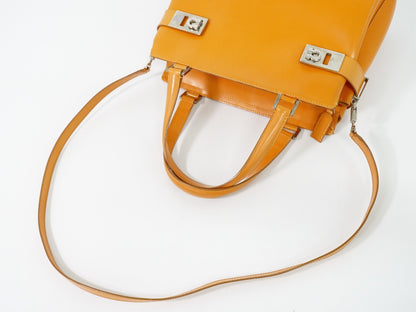Salvatore Ferragamo Double Gancini Side Buckle Leather, Orange, Leather, Tote Bag