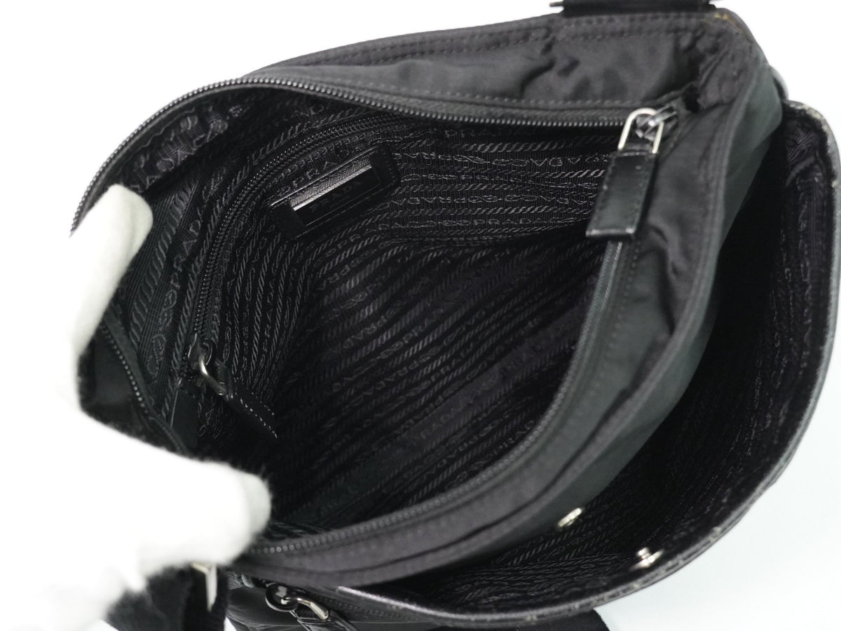 Prada Front Zip Messenger Quilted Tessuto, Black, Nylon, Shoulder Bag