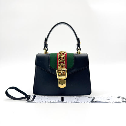 Gucci Sylvie Top Handle Leather, Black, Leather, Handbag