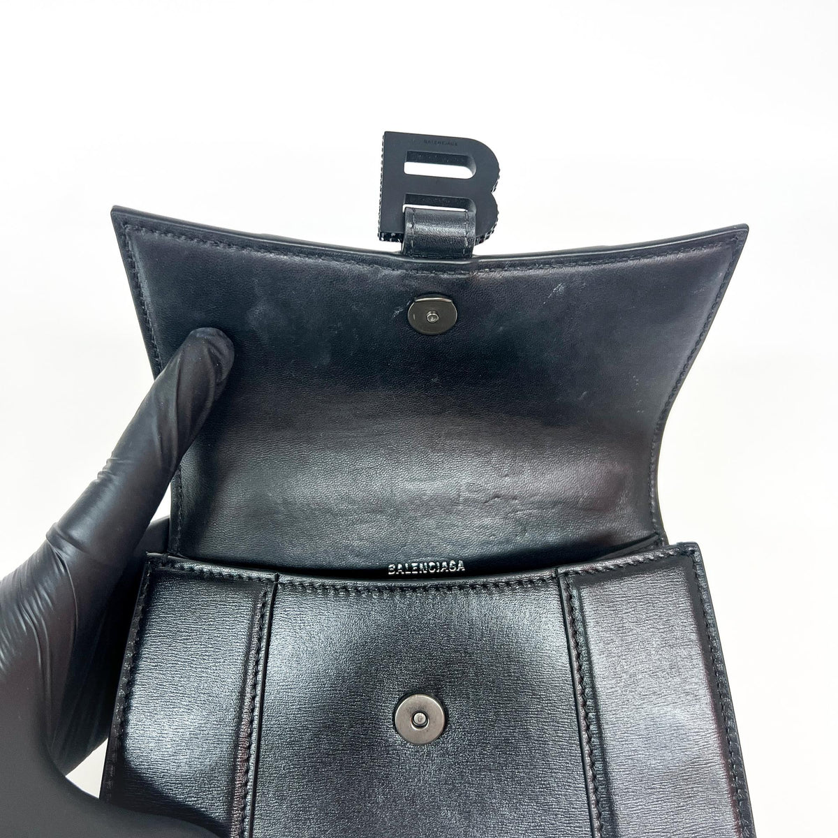 Balenciaga Hourglass Top Handle Leather with Crystals, Black, Leather, Handbag