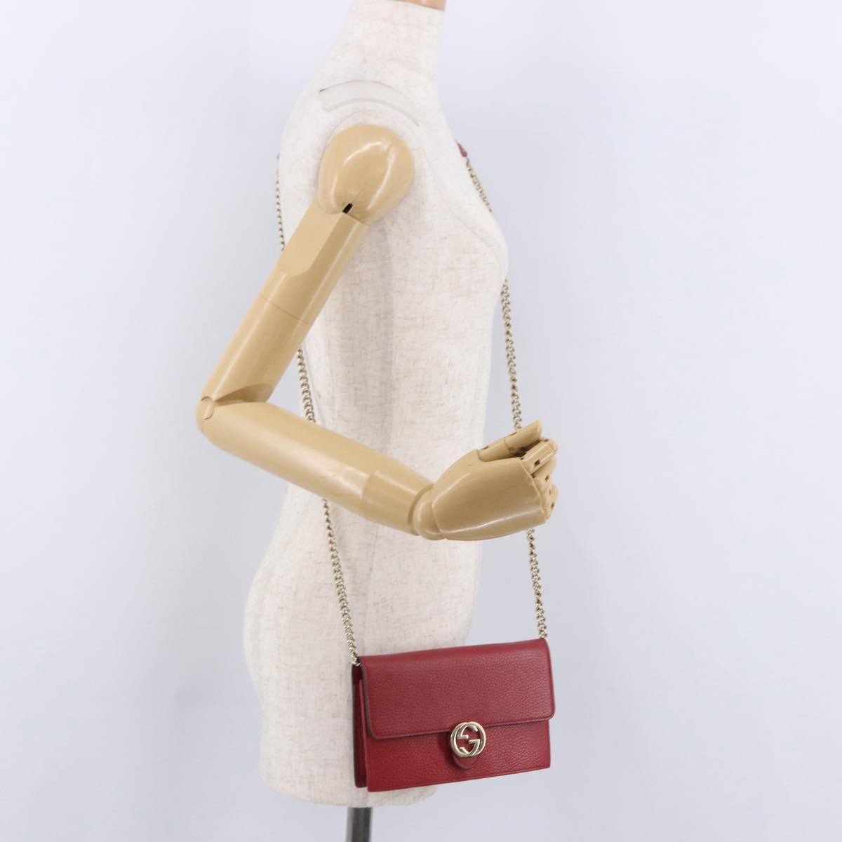Gucci Interlocking Wallet on Chain Leather, Red, Leather, Shoulder Bag