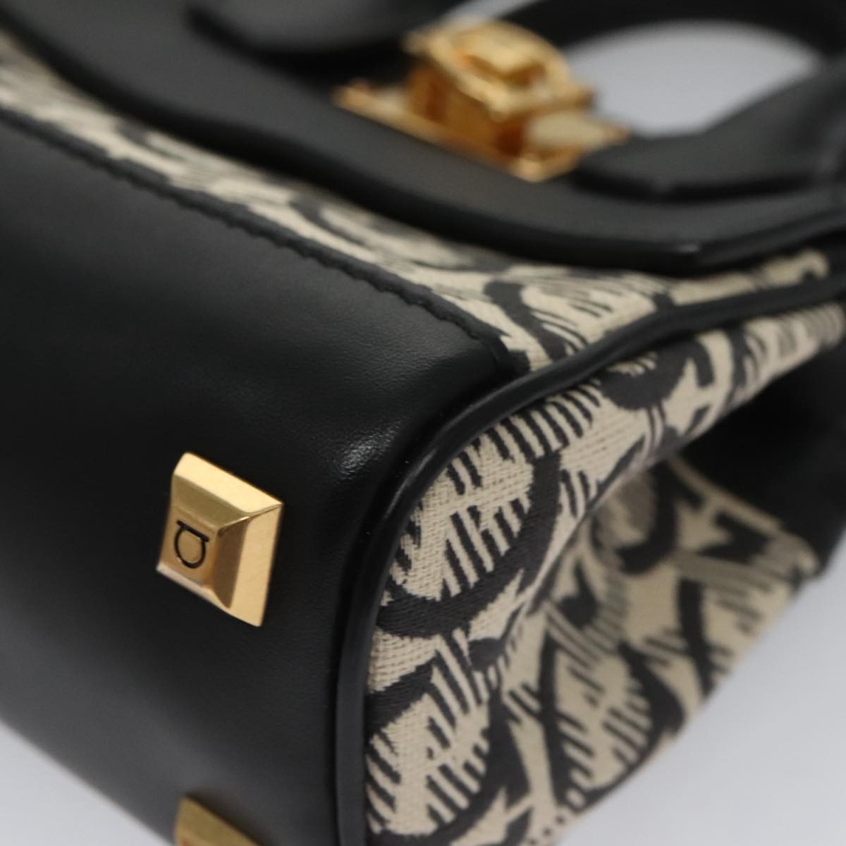 Salvatore Ferragamo Studio Satchel Gancini Jacquard and Leather, Black, Canvas, Handbag