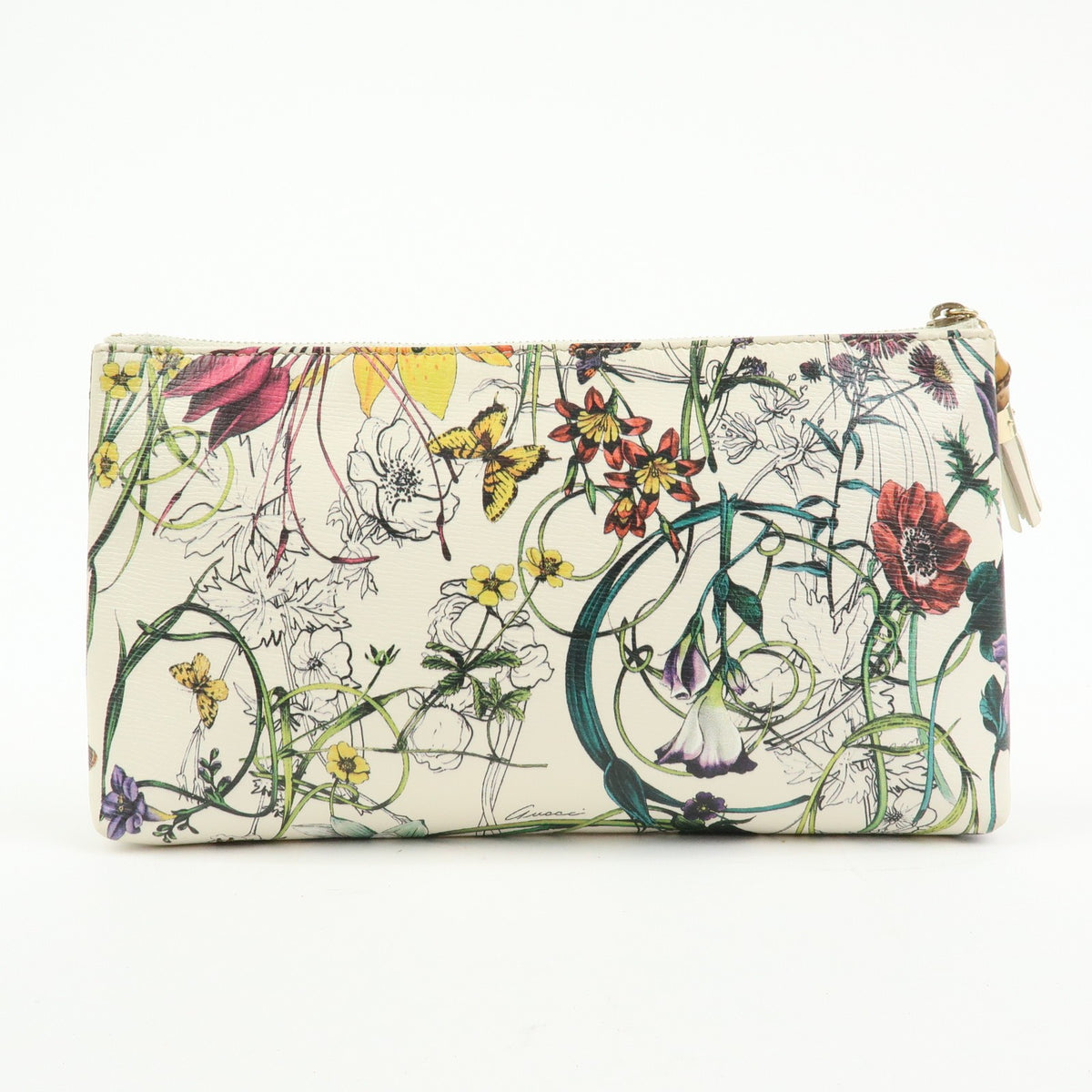 Gucci Bamboo Zip Pouch Flora Leather, Beige, Leather, Clutch