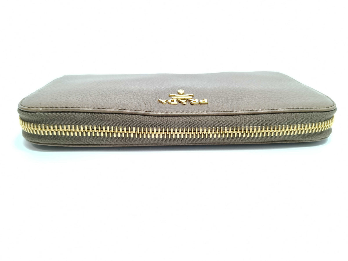 Prada Zip Around Vitello Daino, Brown, Leather, Wallet