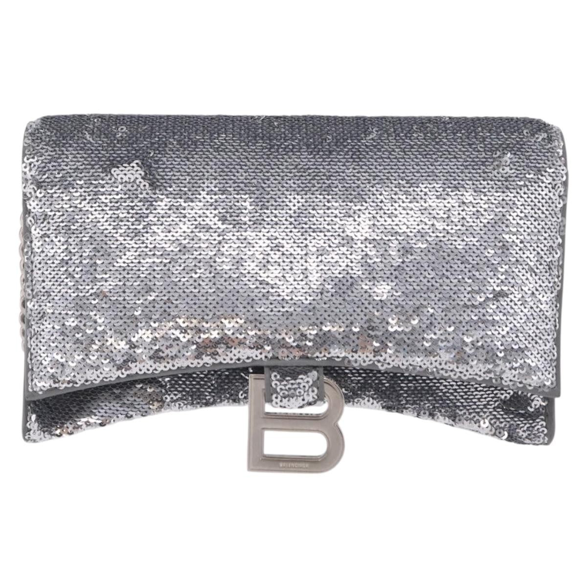Balenciaga Hourglass Chain Leather with Sequins, Silver, Leather, Crossbody Bag