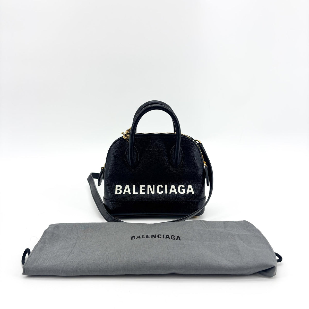 Balenciaga Logo Ville Leather, Black, Leather, Handbag