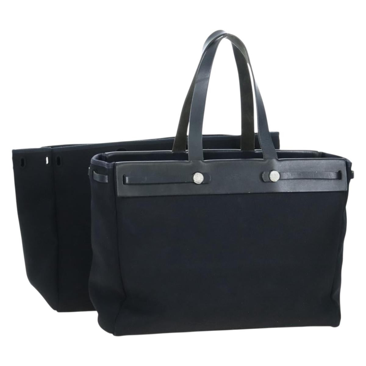 Hermes Herbag Cabas Toile and Leather, Black, Canvas, Tote Bag