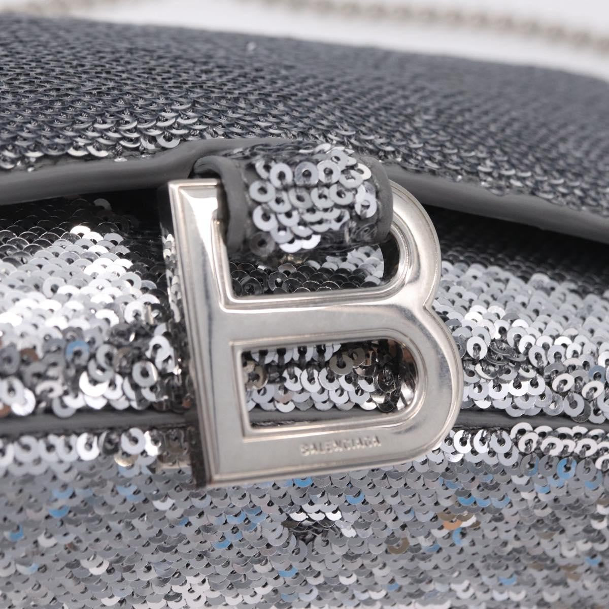 Balenciaga Hourglass Chain Leather with Sequins, Silver, Leather, Crossbody Bag