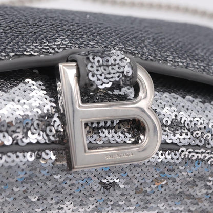 Balenciaga Hourglass Chain Leather with Sequins, Silver, Leather, Crossbody Bag