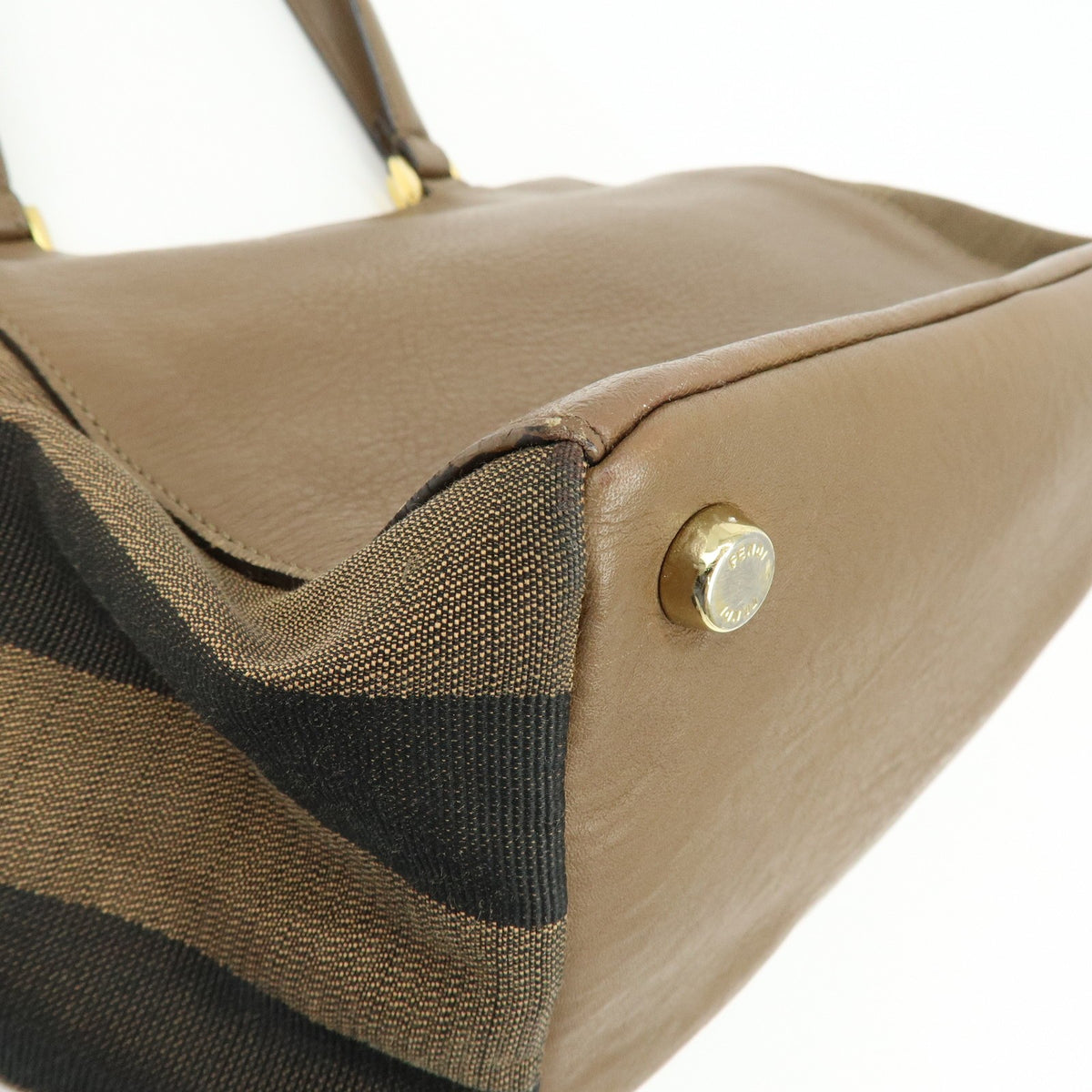 Fendi Boxy Leather with Pequin Canvas, Brown, Leather, Tote Bag