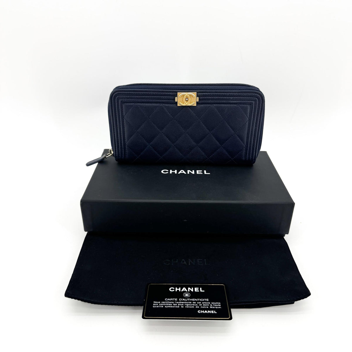 Chanel Boy Zip Around Quilted Caviar, Black, Leather, Wallet