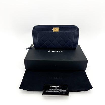 Chanel Boy Zip Around Quilted Caviar, Black, Leather, Wallet