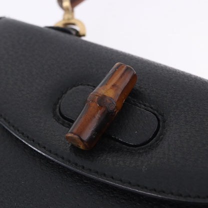 Gucci Vintage Convertible Bamboo Top Handle Leather, Black, Leather, Handbag