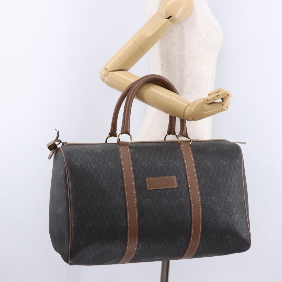 Christian Dior Vintage Honeycomb Boston Canvas and Leather, Black, Canvas, Travel Bag