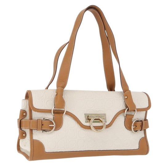 Salvatore Ferragamo Gancini Top Handle Canvas, White, PVC, Handbag