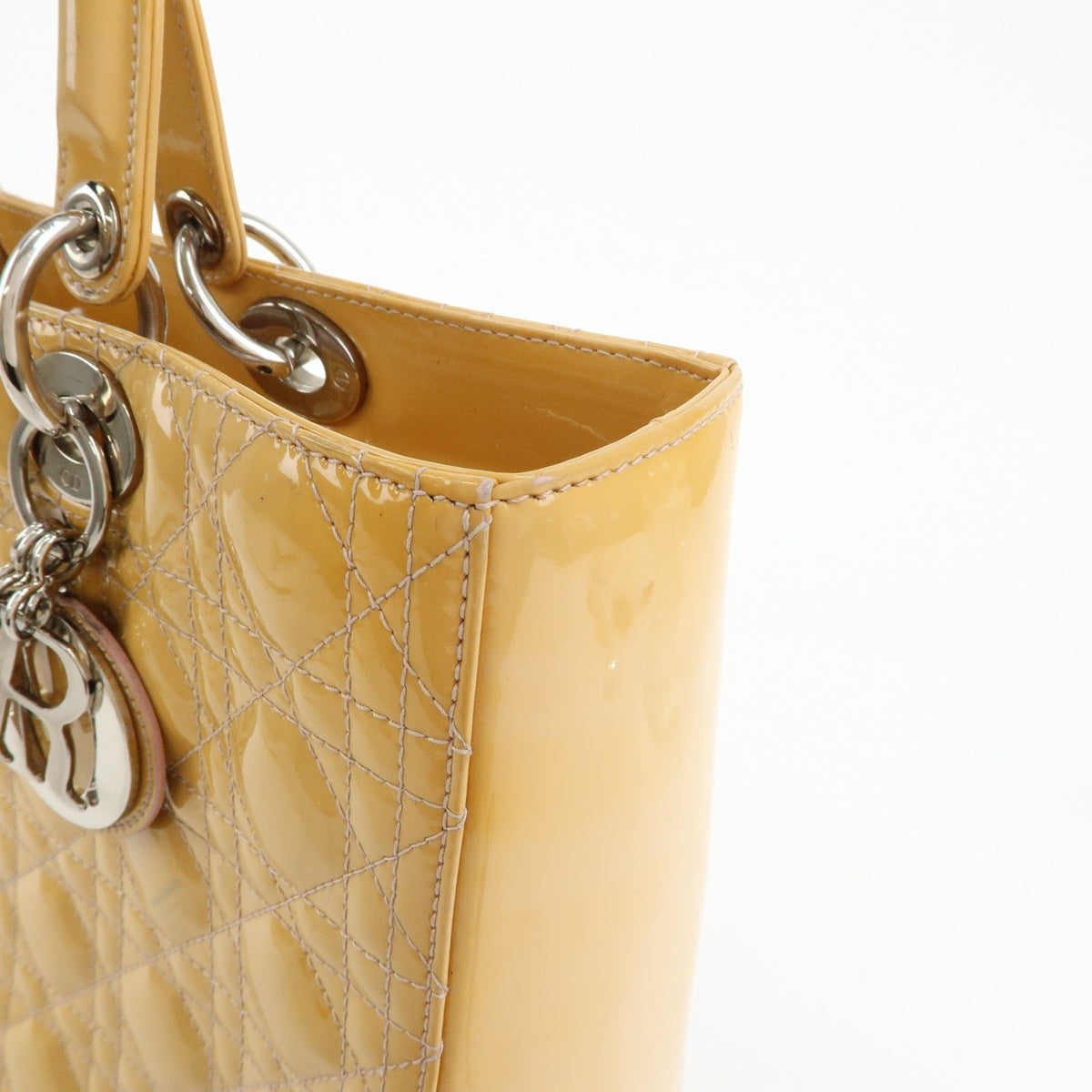 Christian Dior Vintage Lady Dior Cannage Quilt Patent, Yellow, Patent Leather, Handbag