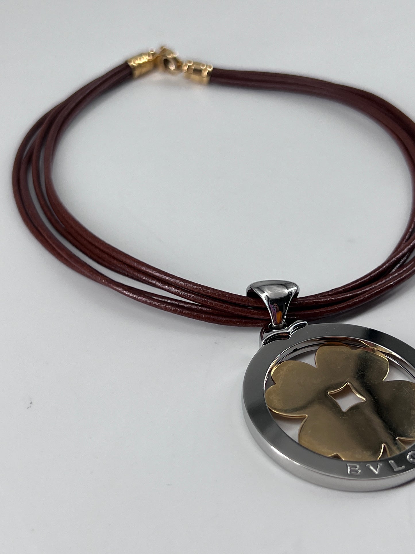 Bvlgari Tondo Clover Pendant Necklace Stainless Steel with 18K Yellow Gold and Cord, BROWN, YELLOW_GOLD, Necklace