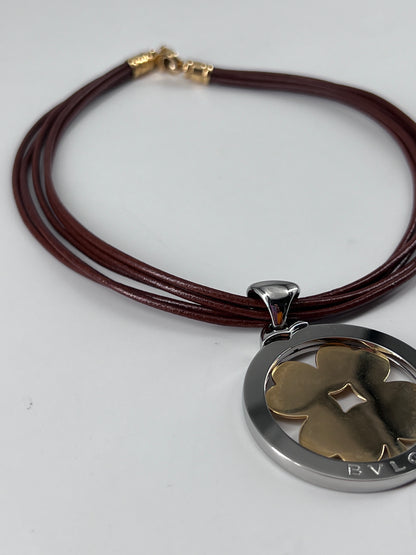 Bvlgari Tondo Clover Pendant Necklace Stainless Steel with 18K Yellow Gold and Cord, BROWN, YELLOW_GOLD, Necklace