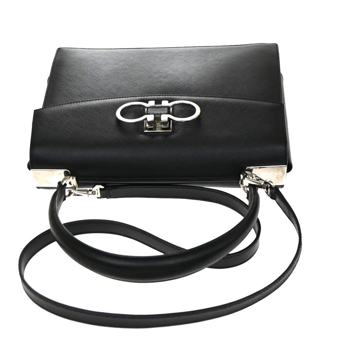 Salvatore Ferragamo Double Gancini Top Handle Saffiano Leather, Black, Leather, Handbag