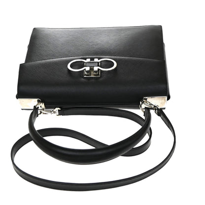 Salvatore Ferragamo Double Gancini Top Handle Saffiano Leather, Black, Leather, Handbag