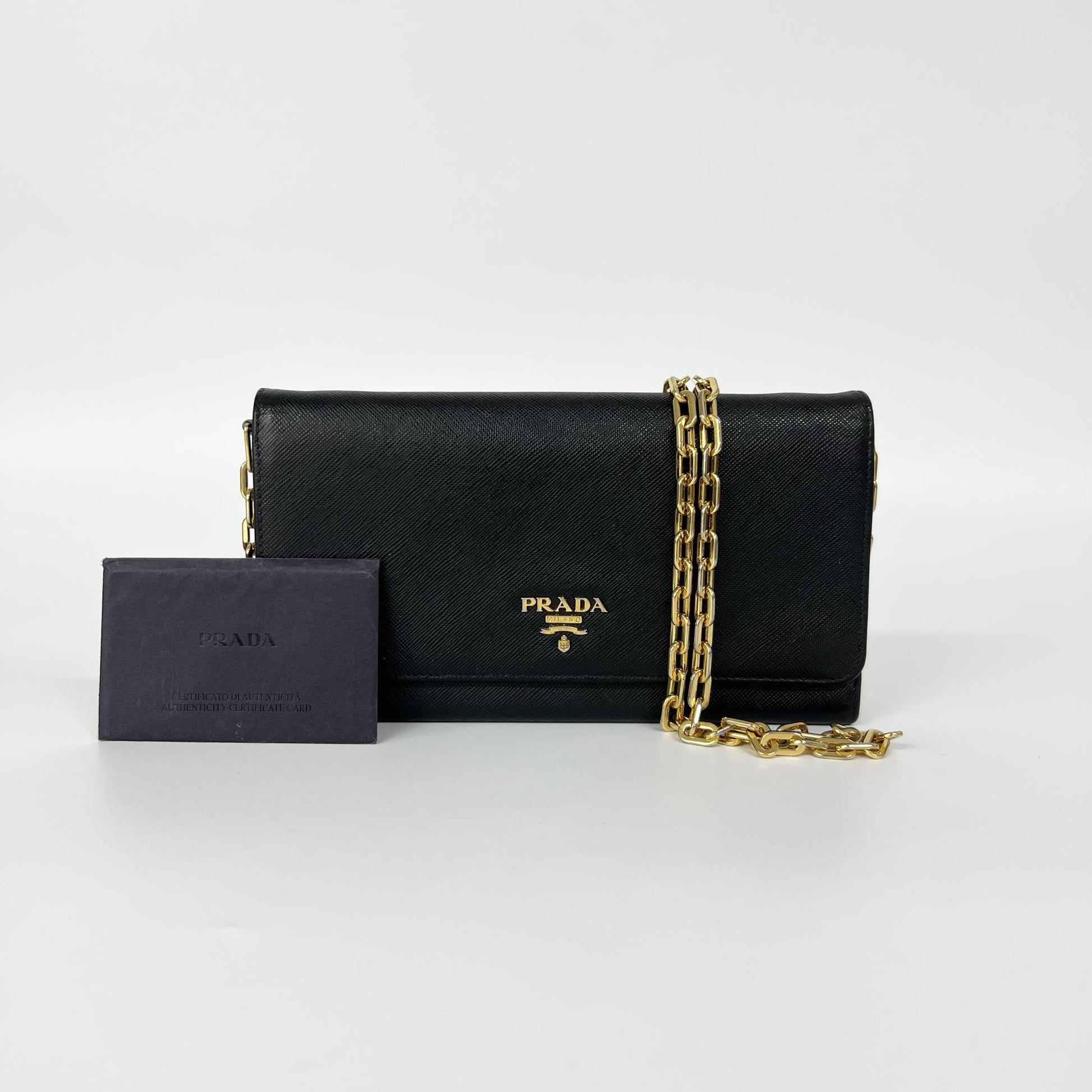 Prada Wallet on Chain Saffiano, Black, Leather, Shoulder Bag