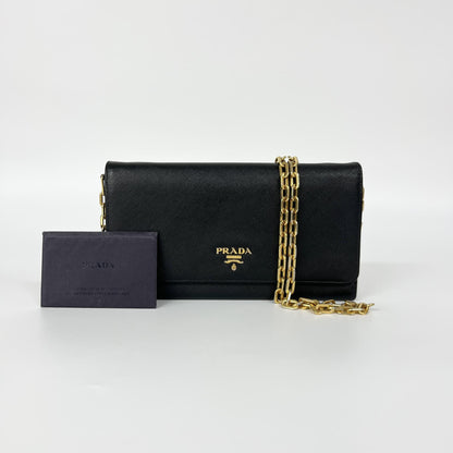 Prada Wallet on Chain Saffiano, Black, Leather, Shoulder Bag