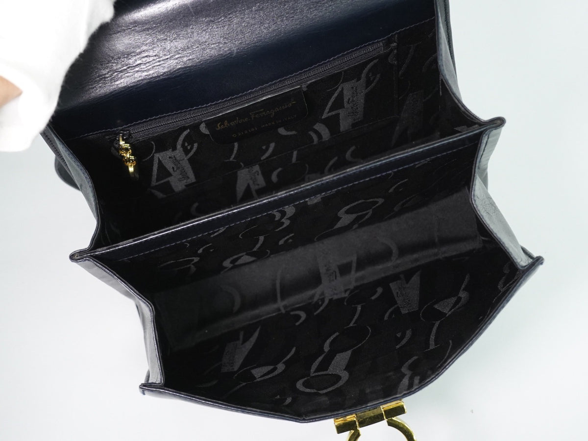 Salvatore Ferragamo Convertible Top Handle Leather, Navy, Leather, Handbag