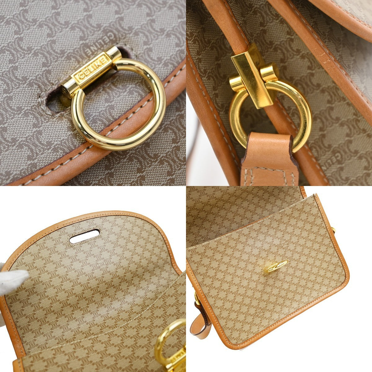 Celine Vintage Macadam Circle Logo Canvas and Leather, Beige, PVC, Shoulder Bag