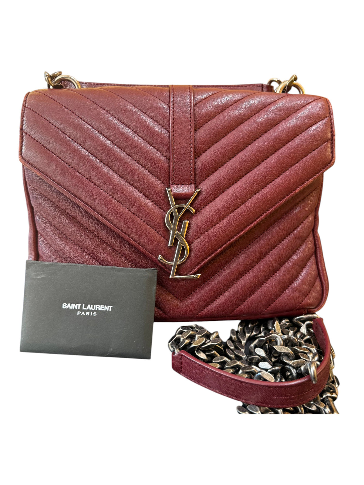 Saint Laurent Classic Monogram College Matelasse Chevron Leather, Burgundy, Leather, Handbag