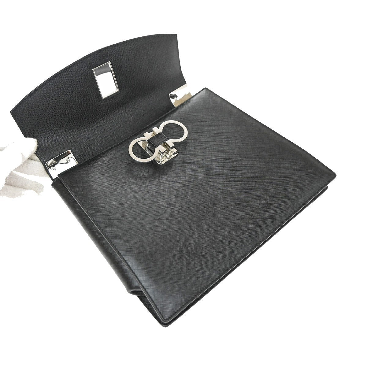 Salvatore Ferragamo Double Gancini Top Handle Saffiano Leather, Black, Leather, Handbag