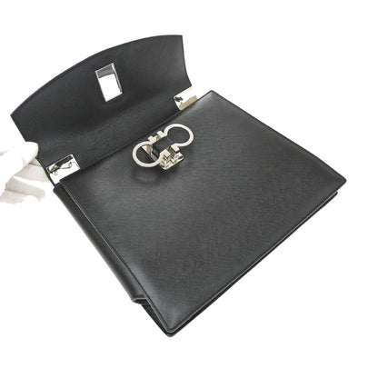Salvatore Ferragamo Double Gancini Top Handle Saffiano Leather, Black, Leather, Handbag