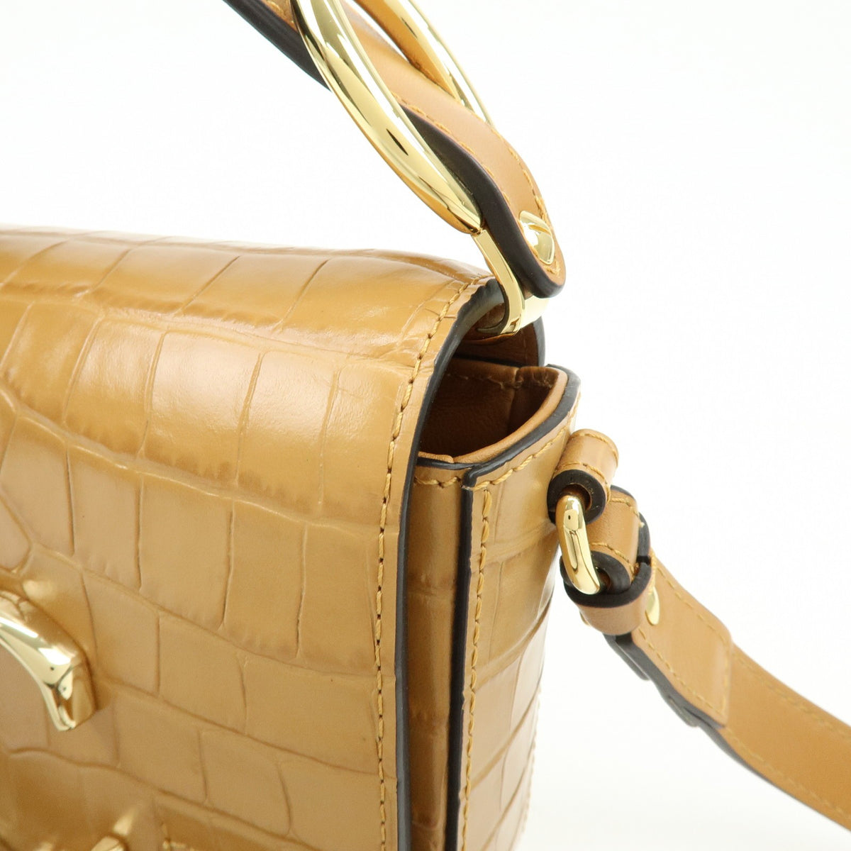 Chloe C Flap Crocodile Embossed Leather, Brown, Leather, Handbag
