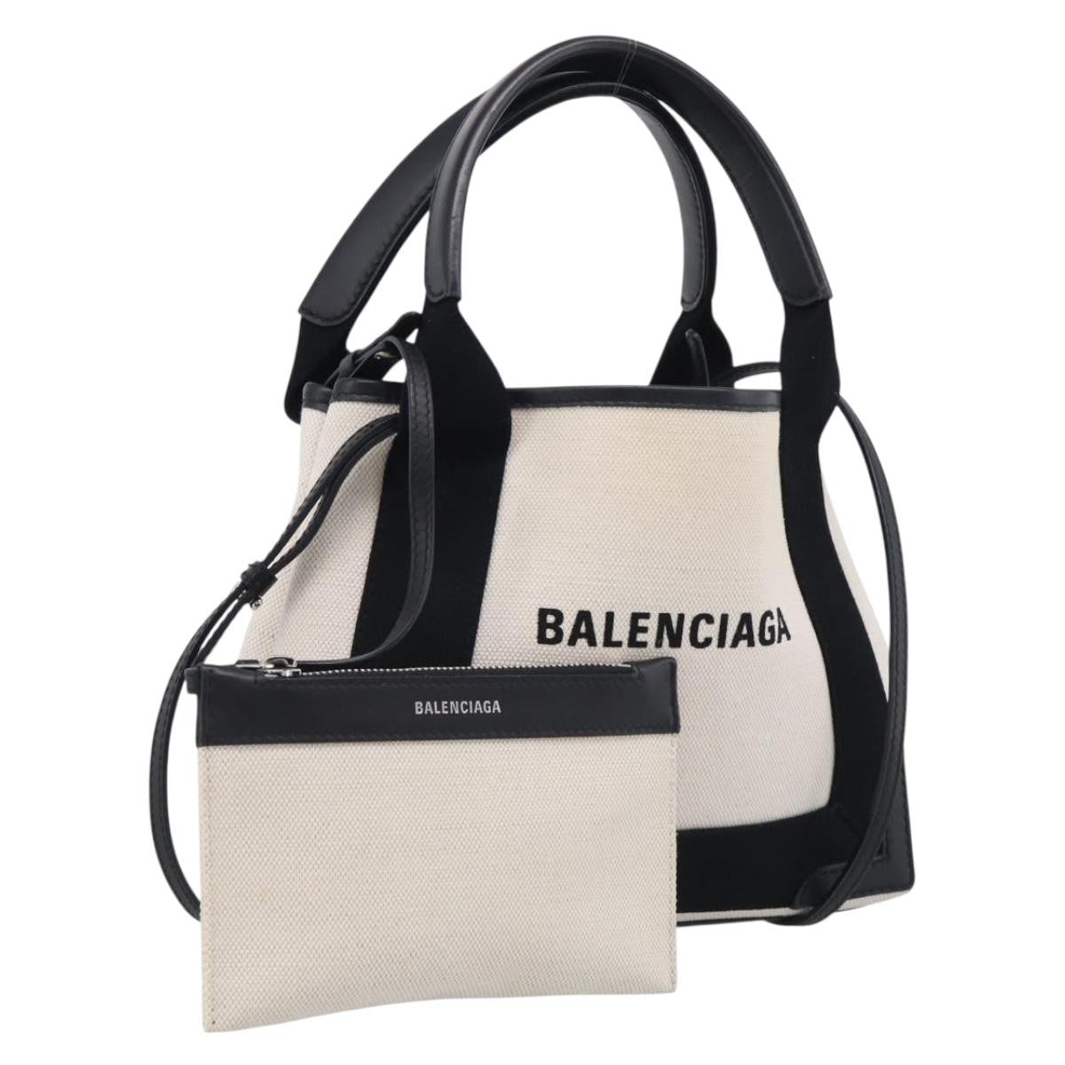 Balenciaga Navy Cabas Canvas with Leather, White, Canvas, Tote Bag