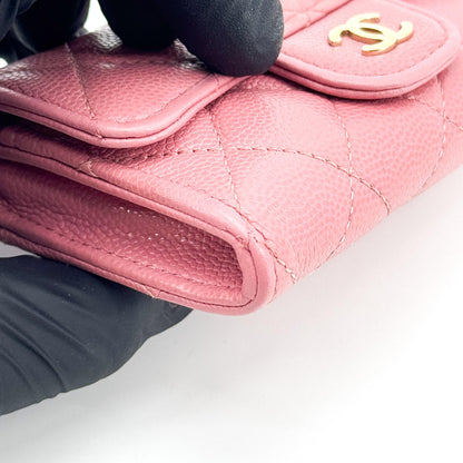 Chanel Classic Flap Card Case Quilted Caviar, Pink, Leather, Card Holder