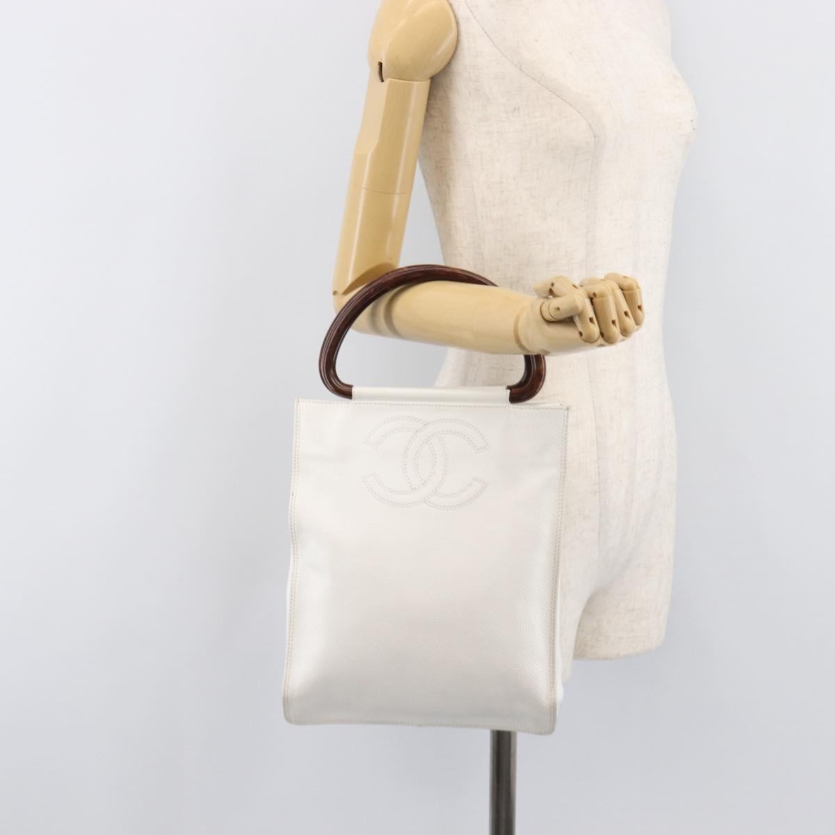 Chanel Vintage Wooden Quilted Caviar, White, Leather, Tote Bag