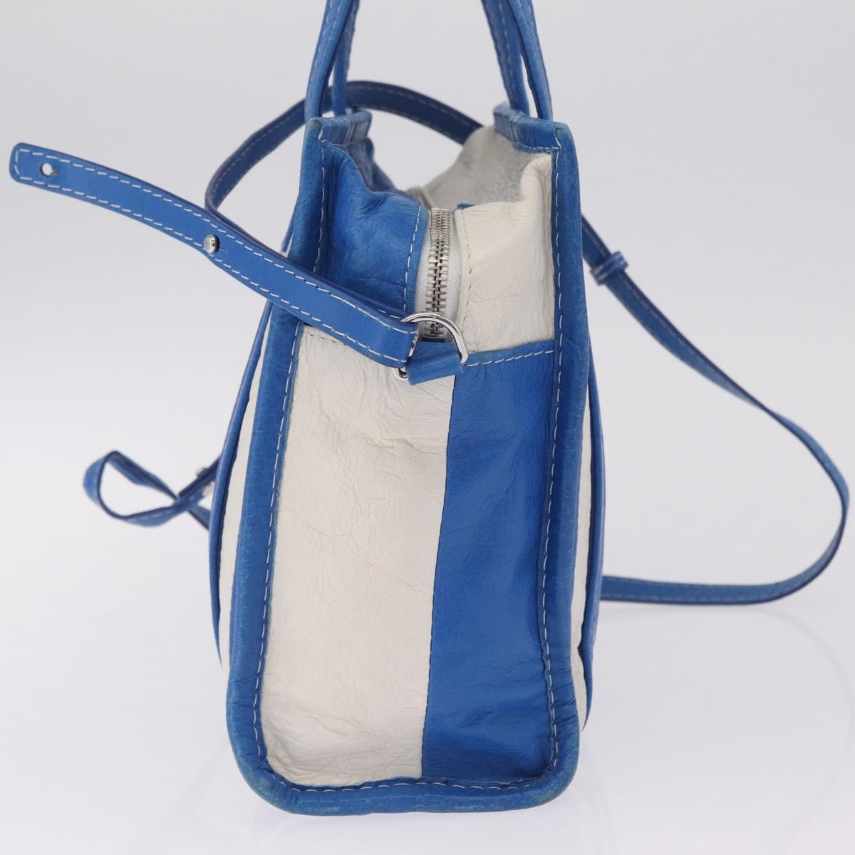 Balenciaga Bazar Convertible Striped Leather, Blue, Leather, Tote Bag