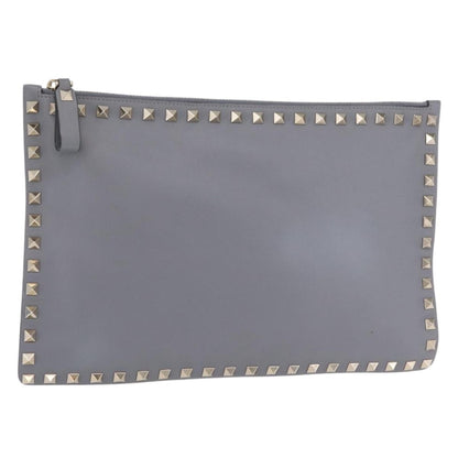 Valentino Garavani Rockstud Pouch Leather, Gray, Leather, Clutch