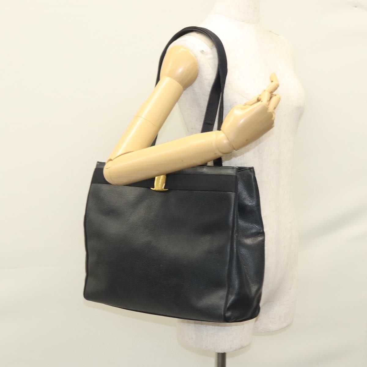 Salvatore Ferragamo Vintage Vara Bow Tote Lizard Embossed Leather, Navy, Leather, Tote Bag