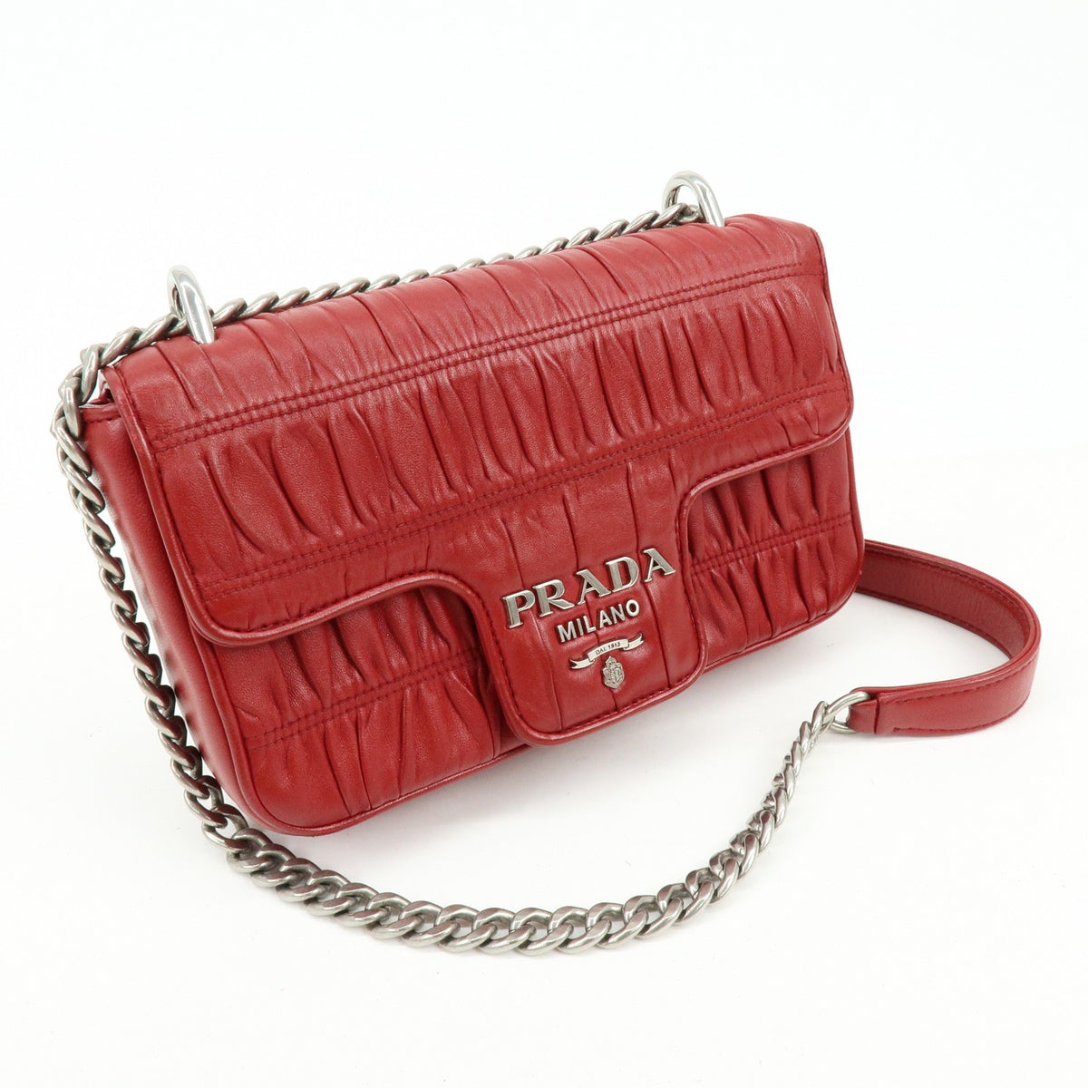 Prada Chain Flap Nappa Gaufre, Red, Leather, Shoulder Bag